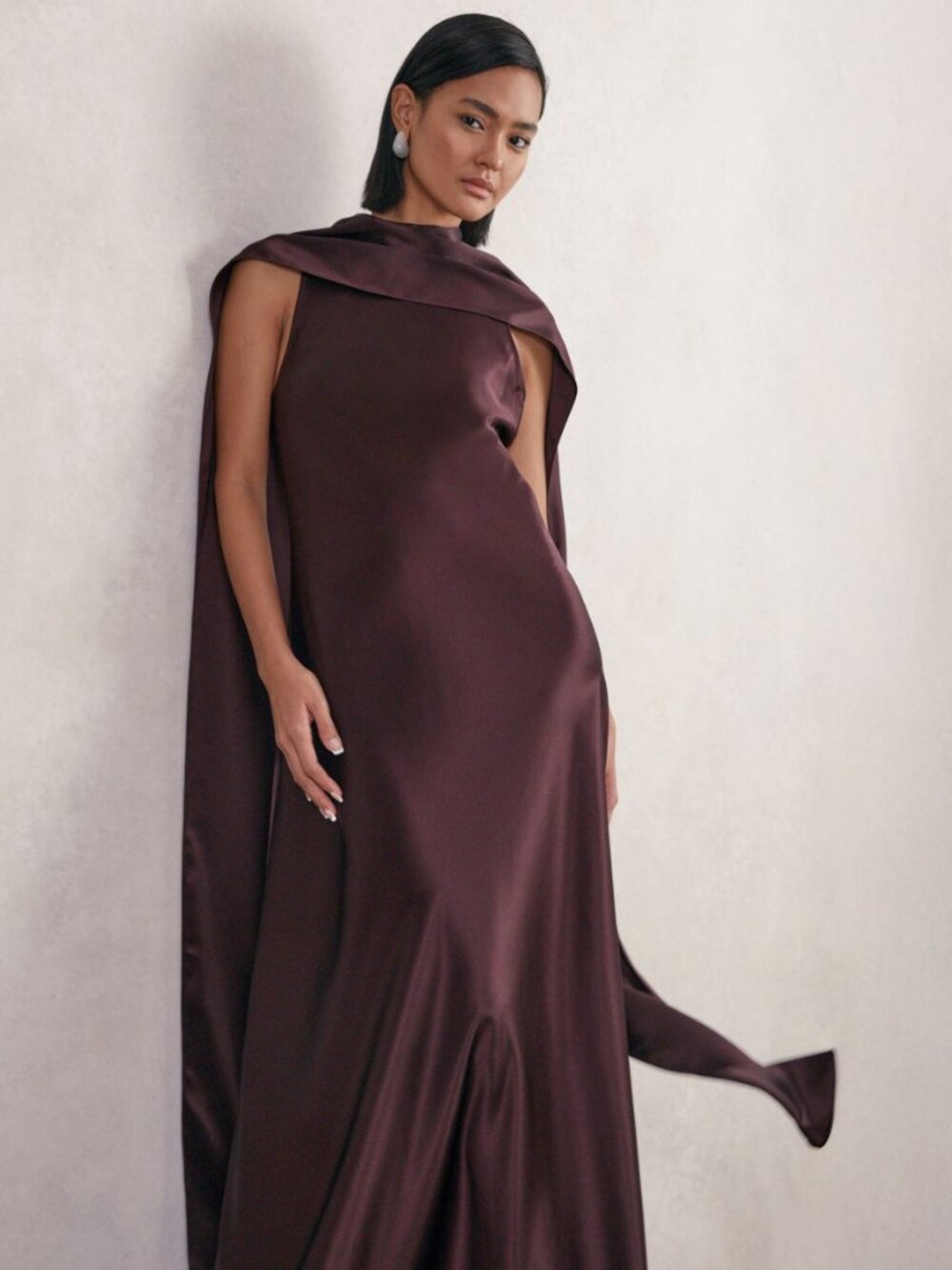 Never-Worn Reiss Satin Cape Maxi Dress in Burgundy Perfect for Fall Wedding - Picture 3 of 15